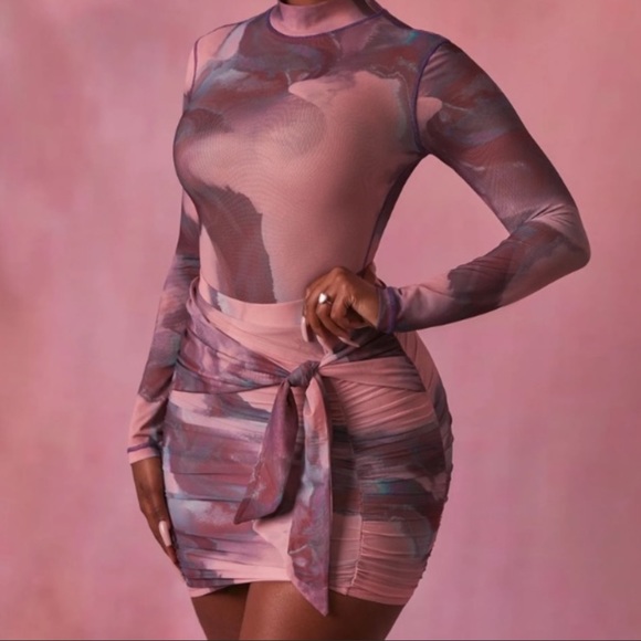 OH POLLY, High Neck Long Sleeve Mesh Bodysuit and skirt in Blush - Picture 6 of 11